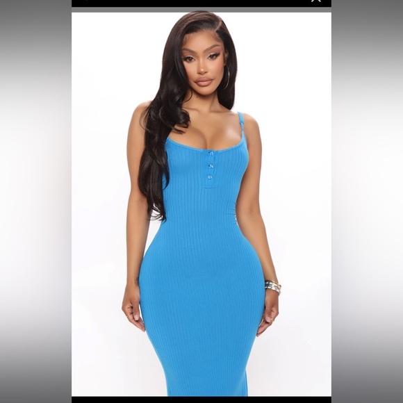 Fashion Nova Dresses & Skirts - Fashion Nova Blue Ribbed Henley Bodycon Midi Dress